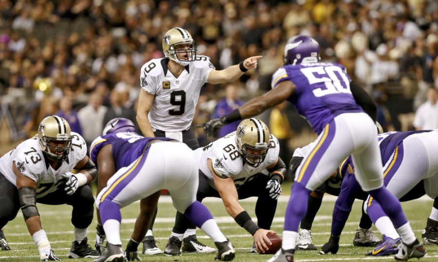 Sep 21, 2014; New Orleans, LA, USA; New Orleans Saints quarterback Drew Brees (9) against the Minnesota Vikings during the second half of a game at Mercedes-Benz Superdome. The Saints defeated the Vikings 20-9. Mandatory Credit: Derick E. Hingle-USA TODAY Sports
