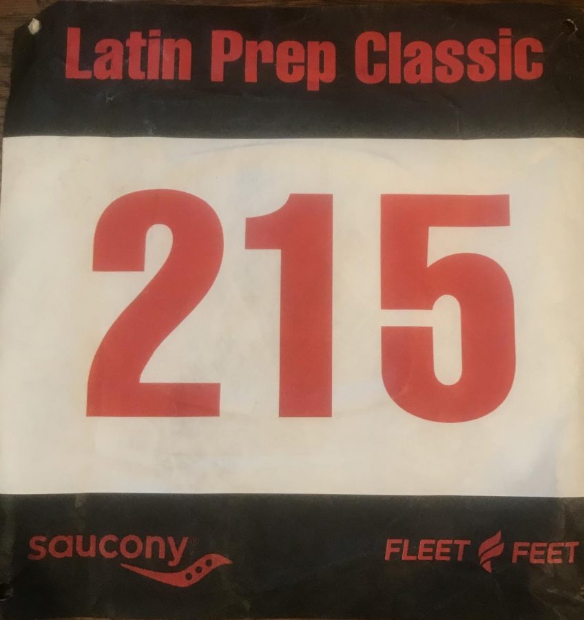 A racing bib for the Latin Prep Classic, an annual meet attended by the LFA Cross Country Team.
