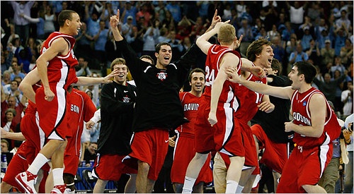Davidson Mens Basketball Team celebrates a win during March Madness