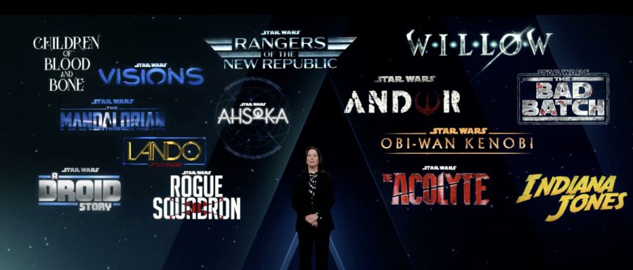 Kathleen Kennedy, president of Lucasfilm, stands in front of some of the new content for Disney+ that was announced at Disney Investor Day 2020.