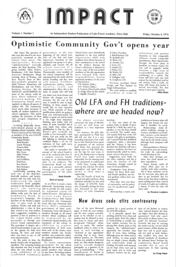The newspaper after Ferry Hall and Lake Forest Academy merged into one school; rather than choosing between the two old names, a new one was created: The Impact.