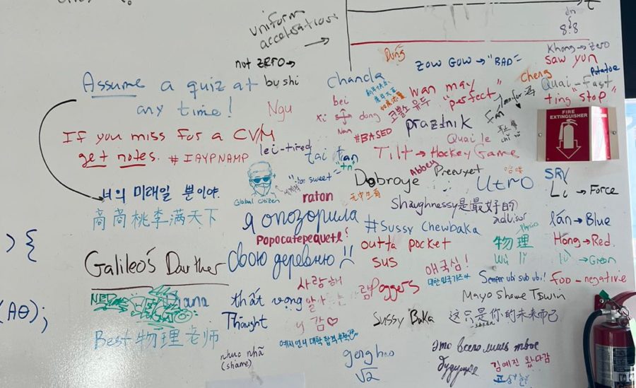 Whiteboard is filled with doodles and words in different languages.