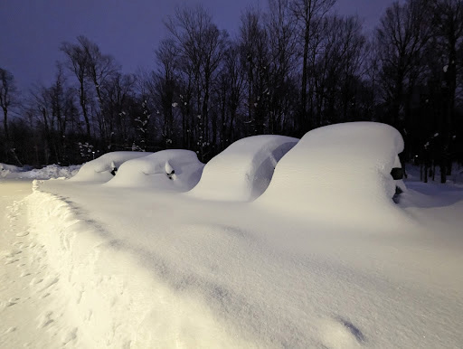 Cars covered in a thick layer of snow