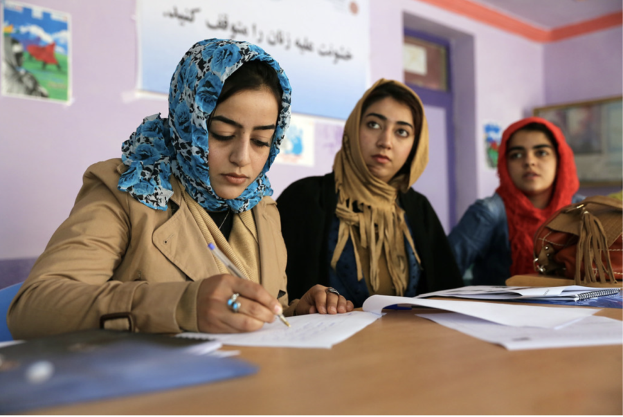 Afghan women take a photojournalism course at university in Farrah City, Afghanistan.