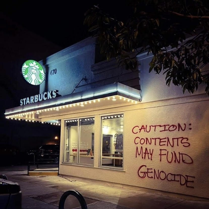 Protestors vandalized Starbucks facilities with accusations of funding genocide.
