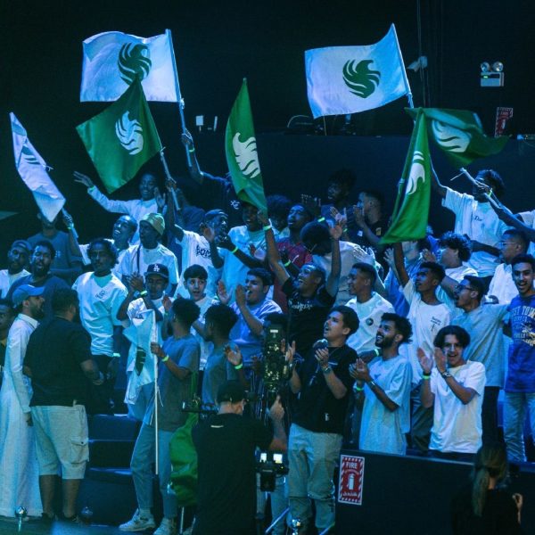 Local fans of Team Falcons–a Saudi-based esports organization–cheer for their team at Gamers8 2023
